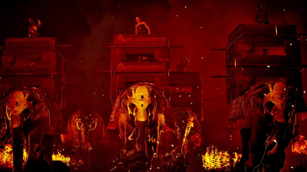 Elephants in a fiery game scene