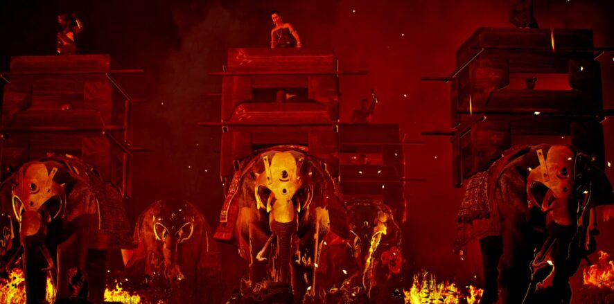 Elephants in a fiery scene