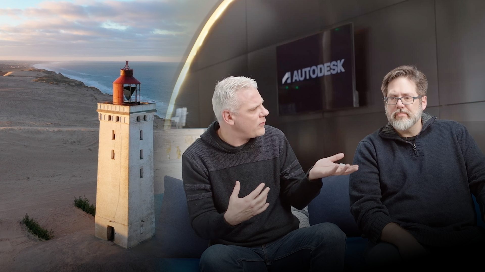 Image of lighthouse fading into an image of two men discussing