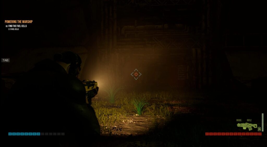 Image of a character pointing a gun in dim lighting from the game "Warship Jolly."