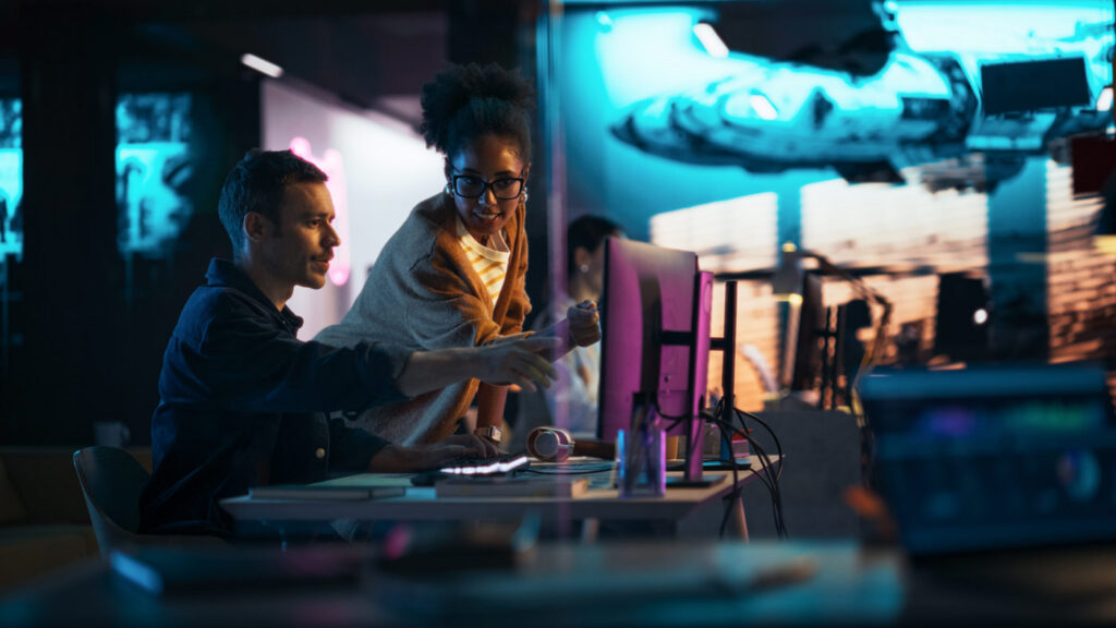 A remote team reviews cloud production footage on a desktop
