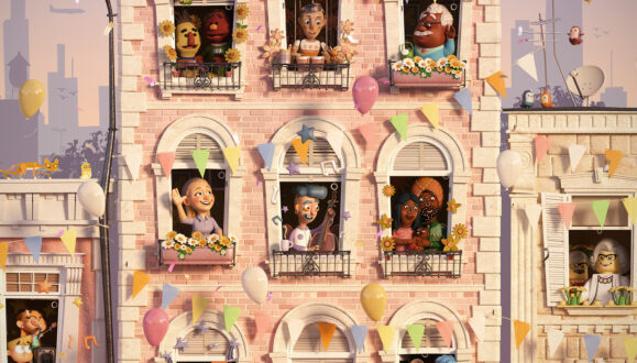 Collection of animated characters showcased on building windows.