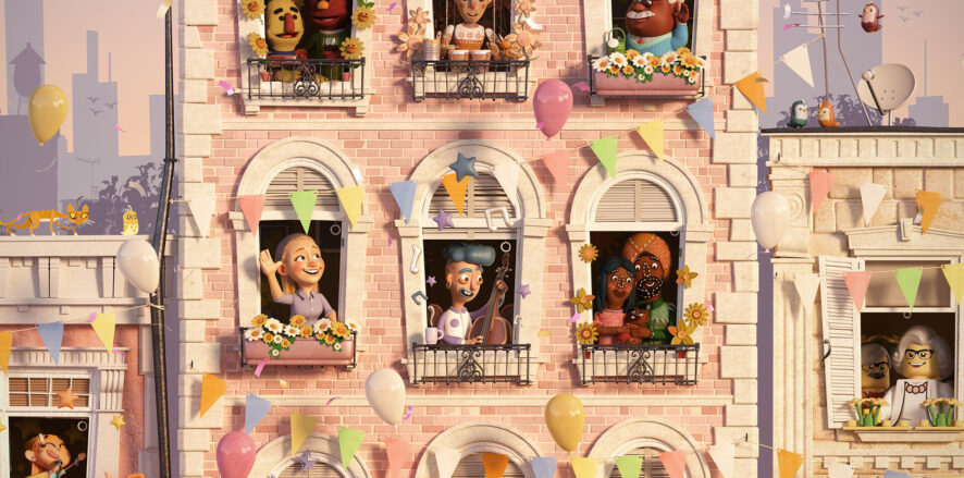 Collection of animated characters showcased on building windows.