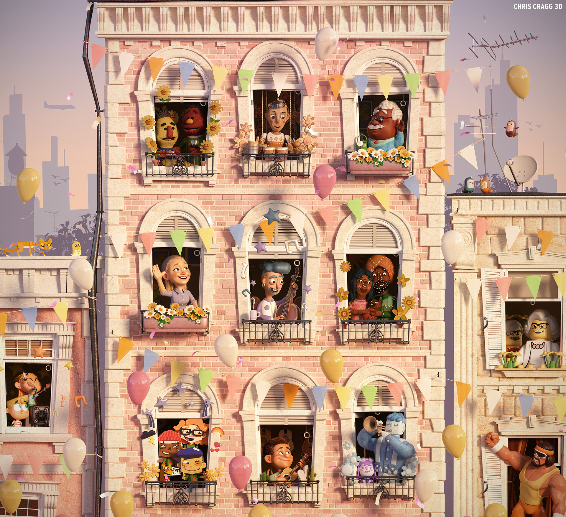 Collection of animated characters showcased on building windows.