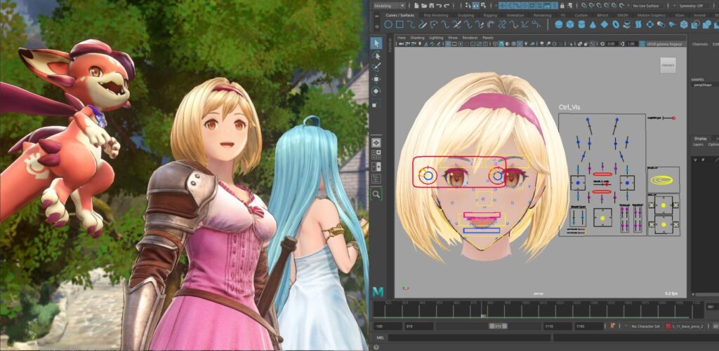 Image showcasing a side by side comparison of game-play and the details of how facial expressions were programmed on Zeta