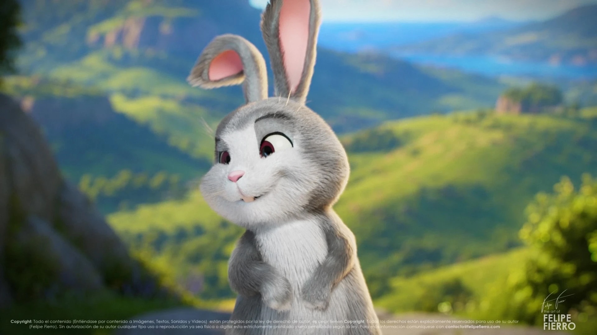 Grey rabbit in grassy field