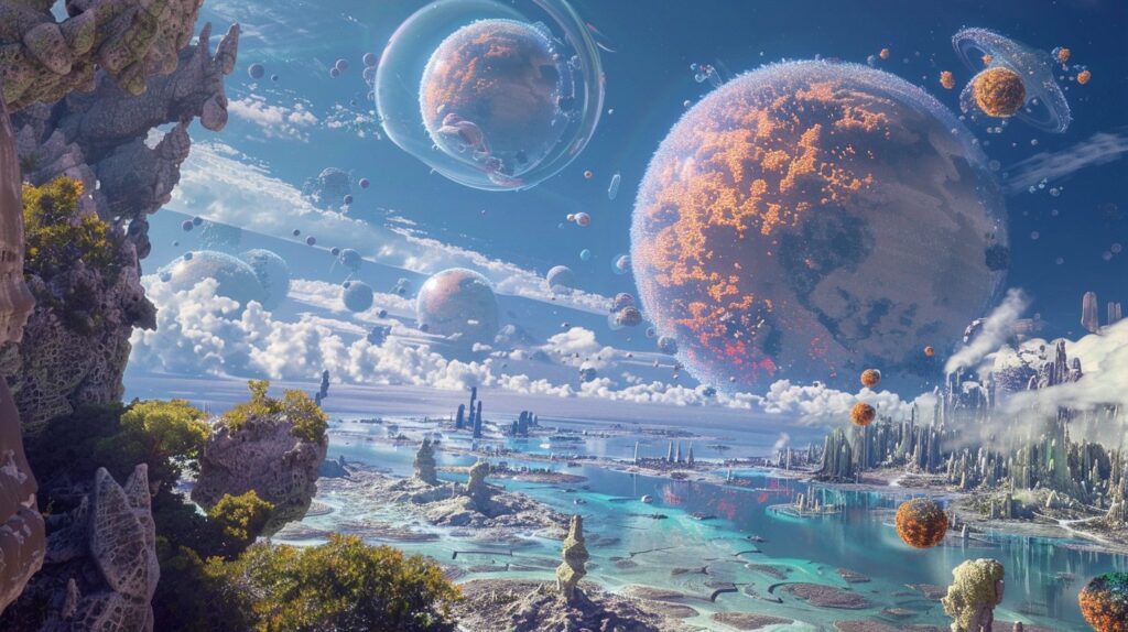 AI generated worlds with other planets in view. Image created with Midjourney Pro