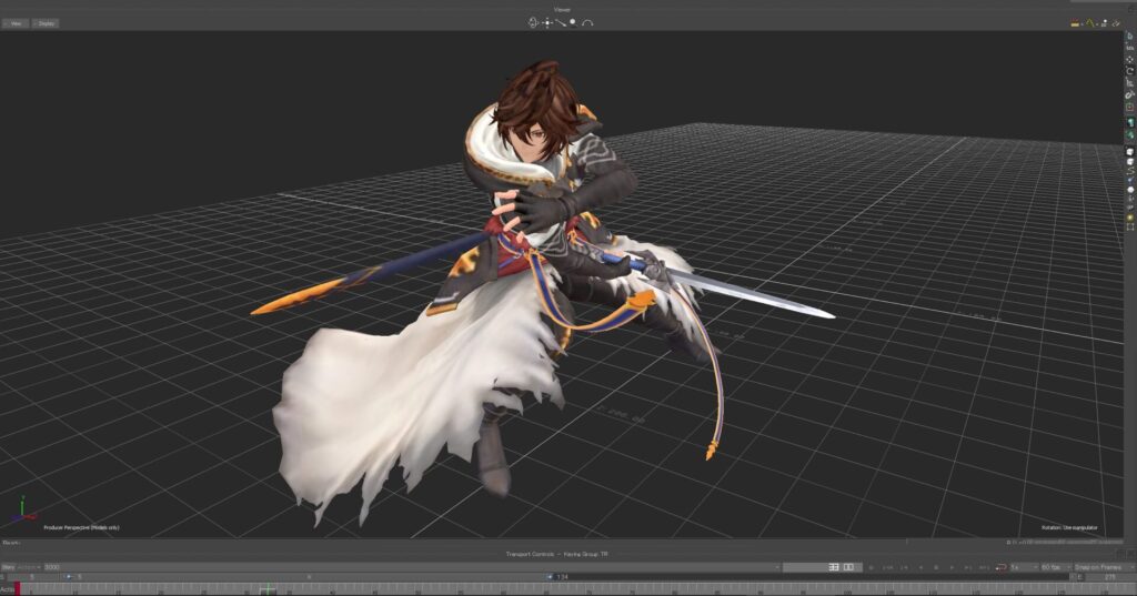 Image of Gran in action, with his sword held to the side of his body