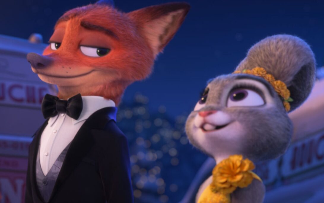 Nick Wilde in a suit and Judy Hopps in a dress in a scene from Zootopia 2.