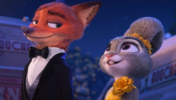 Nick Wilde in a suit and Judy Hopps in a dress in a scene from Zootopia 2.