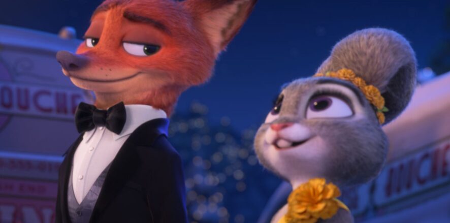 Nick Wilde in a suit and Judy Hopps in a dress in a scene from Zootopia 2.