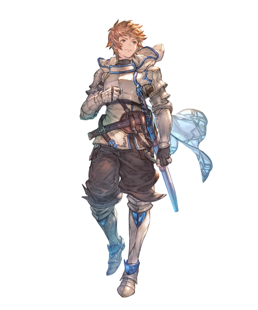 2D illustration of Relink character "Gran" - a male character with a light complexion, amber brown hair, brown eyes, wearing armor with blue accents