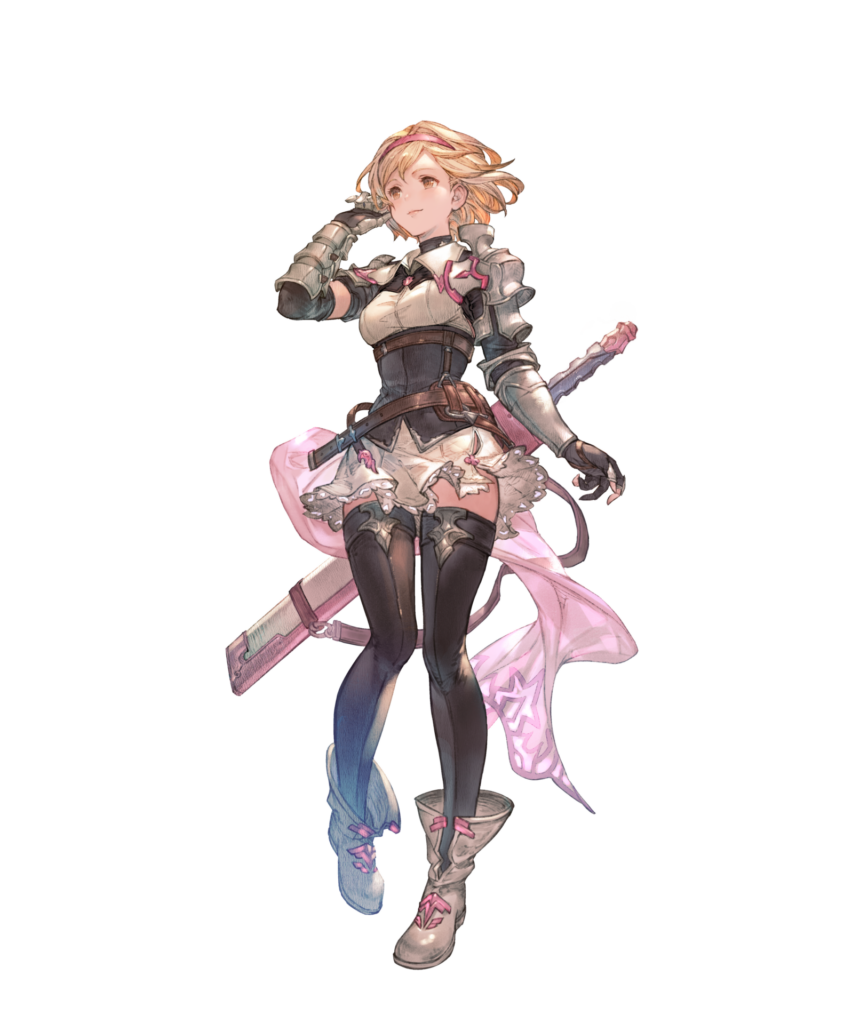 2D illustration of Relink character “Djeeta" - a female character with a light complexion, blonde hair, light brown eyes, wearing armor with pink accents