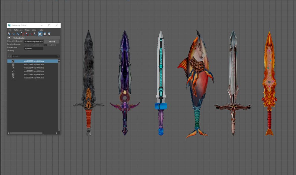 Image of weapons lined up for comparison in tweak mode