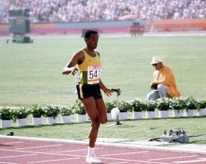 Airman 1st Class Owen Hamilton from Wright-Patterson Air Force Base, Ohio, is a representative of the Jamaican track ands field team competing at the 1984 Summer Olympics.