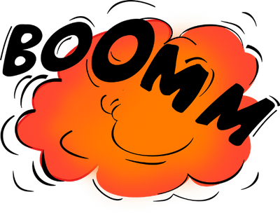 A cartoonish illustration of an explosion with the word boom, spelled boomm