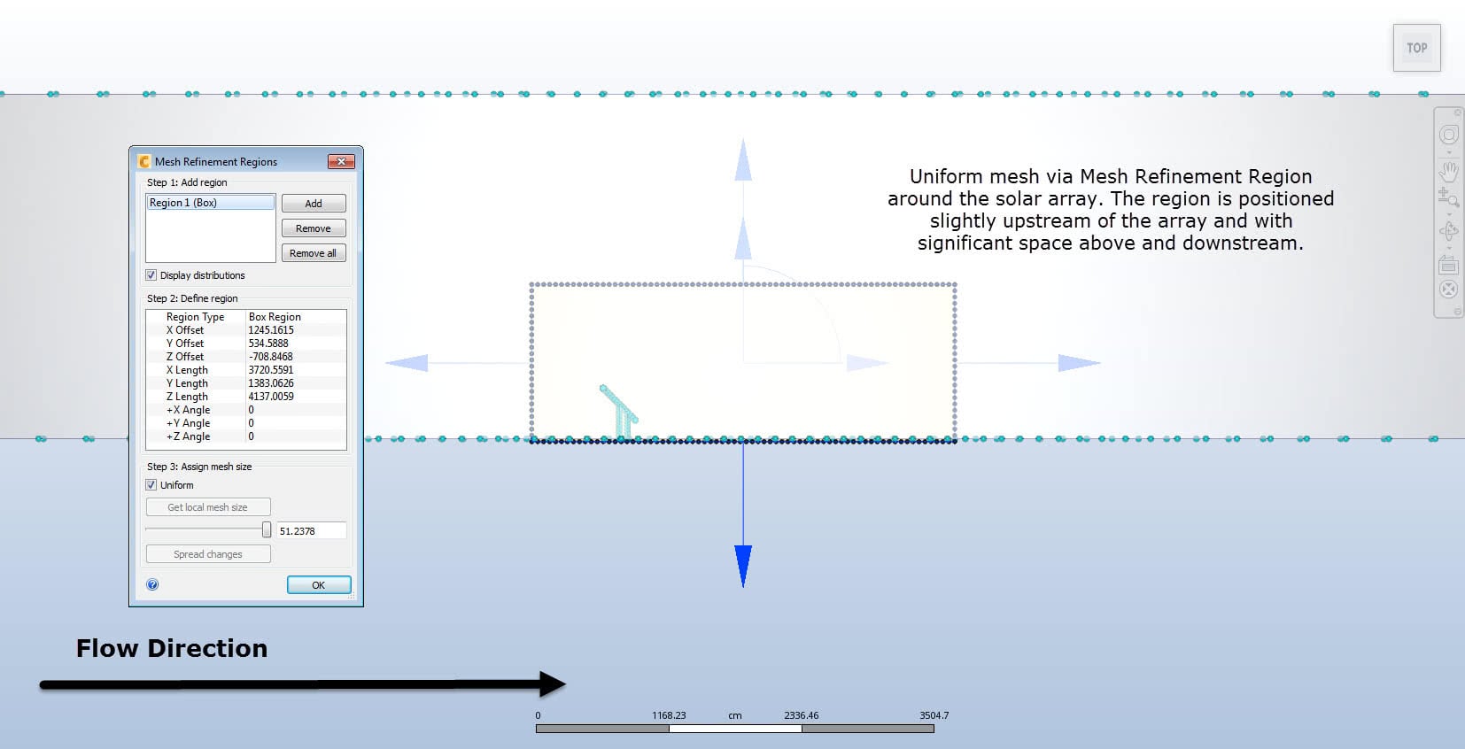 Screenshot of the Mesh Refinement Regions Dialog, with accompanying text that reads "Uniform mesh via Mesh Refinement Region around the solar array. The region is positioned slightly upstream of the array and with significant space above and downstream."