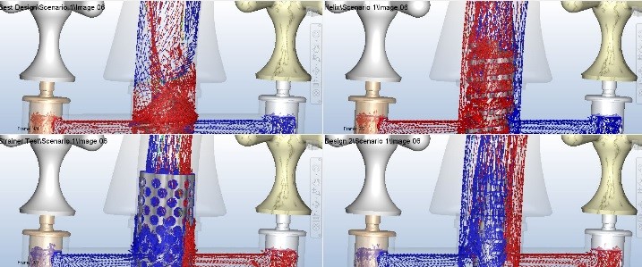 Autocad CFD renderings of 4 difference mixer inserts showing effects of hot and cold water flow.
