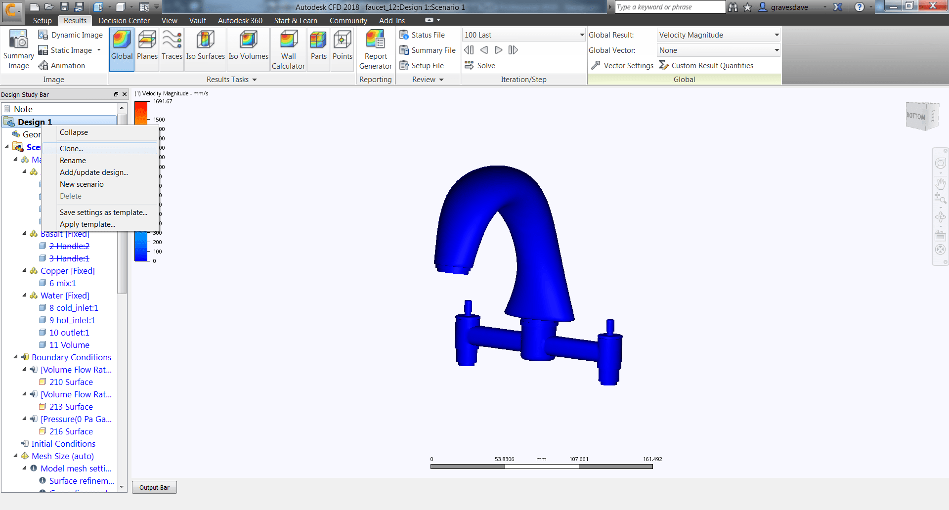 Screenshot of Autodesk CFD showing a rendering of a blue faucet