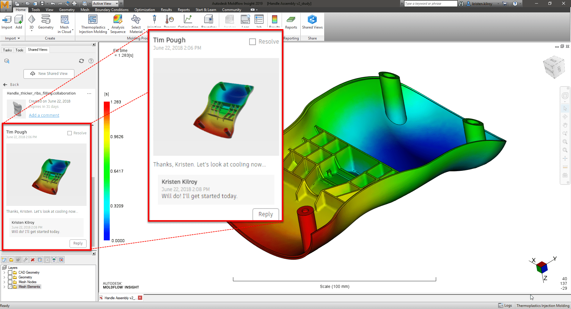 Screen shot of Autodesk Moldflow containing client feedback about mold.