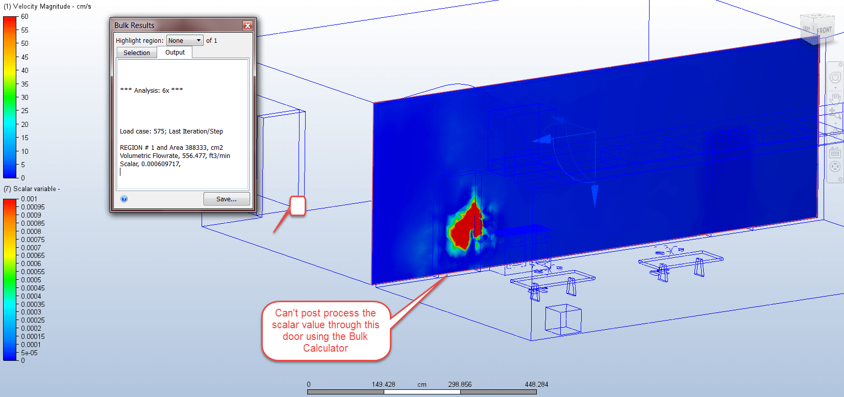 Screenshot of Autodesk CFD, with note that says "Can't Process the Scalar value through this door using the bulk calculator"