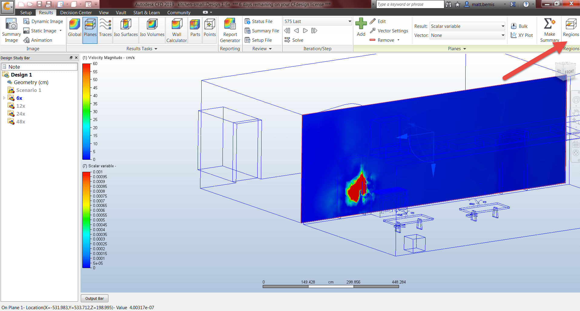 Screenshot of Autocad CFD with arrow pointing to the softare's regions button located in the ribbon.