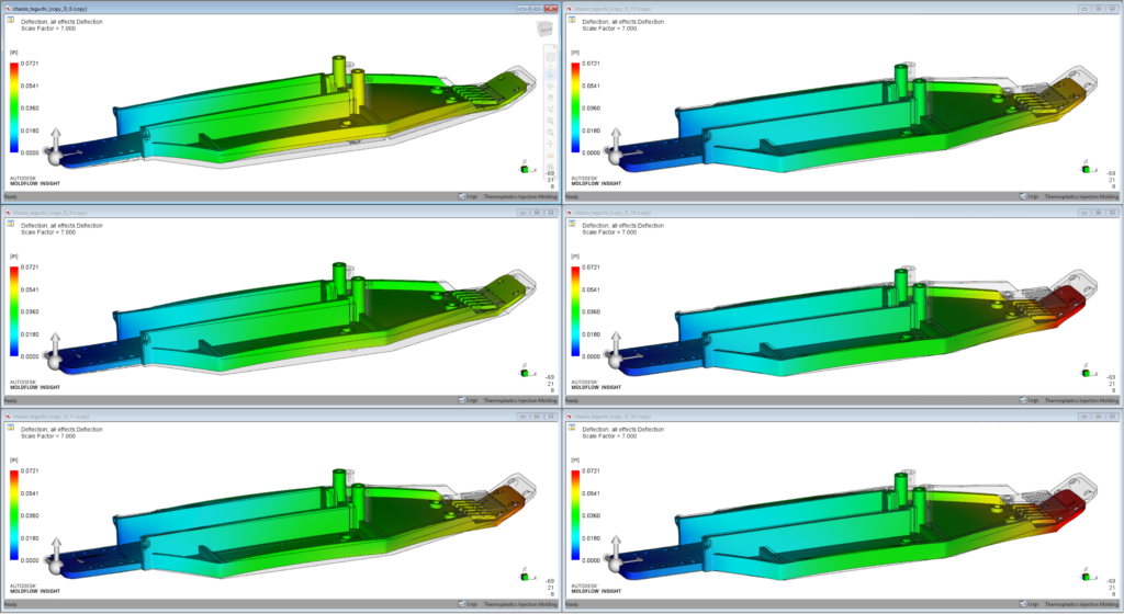 Image: Autodesk Moldflow simulation showing process setting changes and effects on warpage.