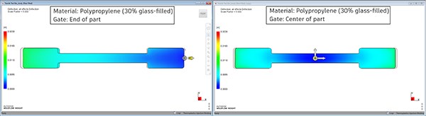 Image: Autodesk Moldflow simulation showing low shrinkage on glass-filled polymer tensile bar in two different gate locations.