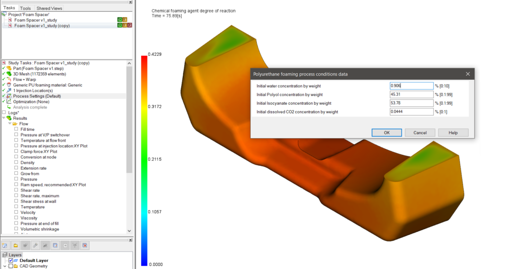 Image of the polyurethane foaming settings in Autodesk Moldflow Insight 2021.
