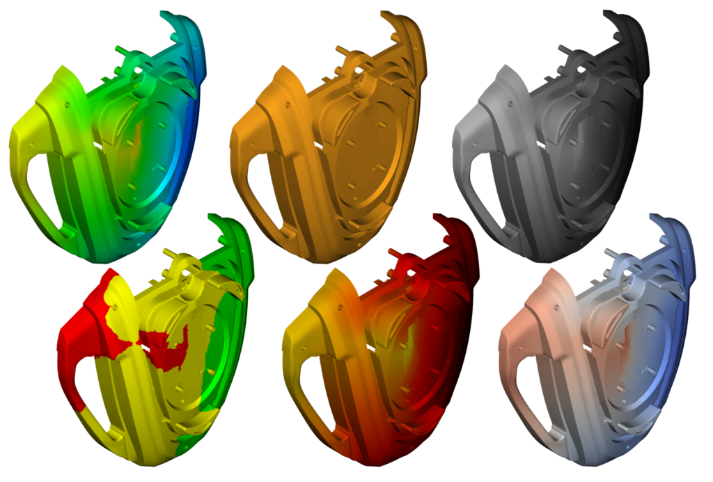 Image from Autodesk Moldflow 2021 showing various legend display options on plastic part simulation.