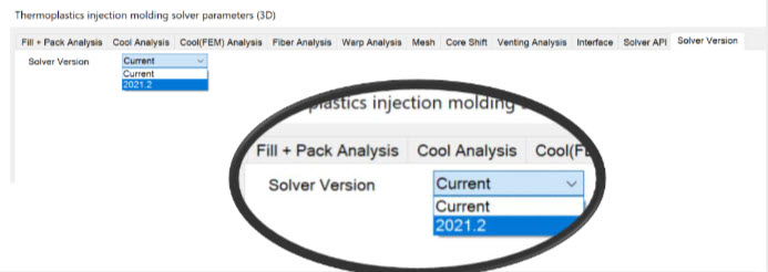 Screenshot of Moldflow 2023 Update 1 solver version menu.