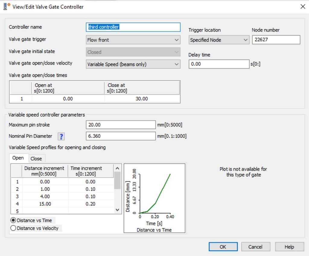 Screenshot of Autodesk Moldflow Insight 2025 showing the process settings for 3D velocity-controlled valve pins. 