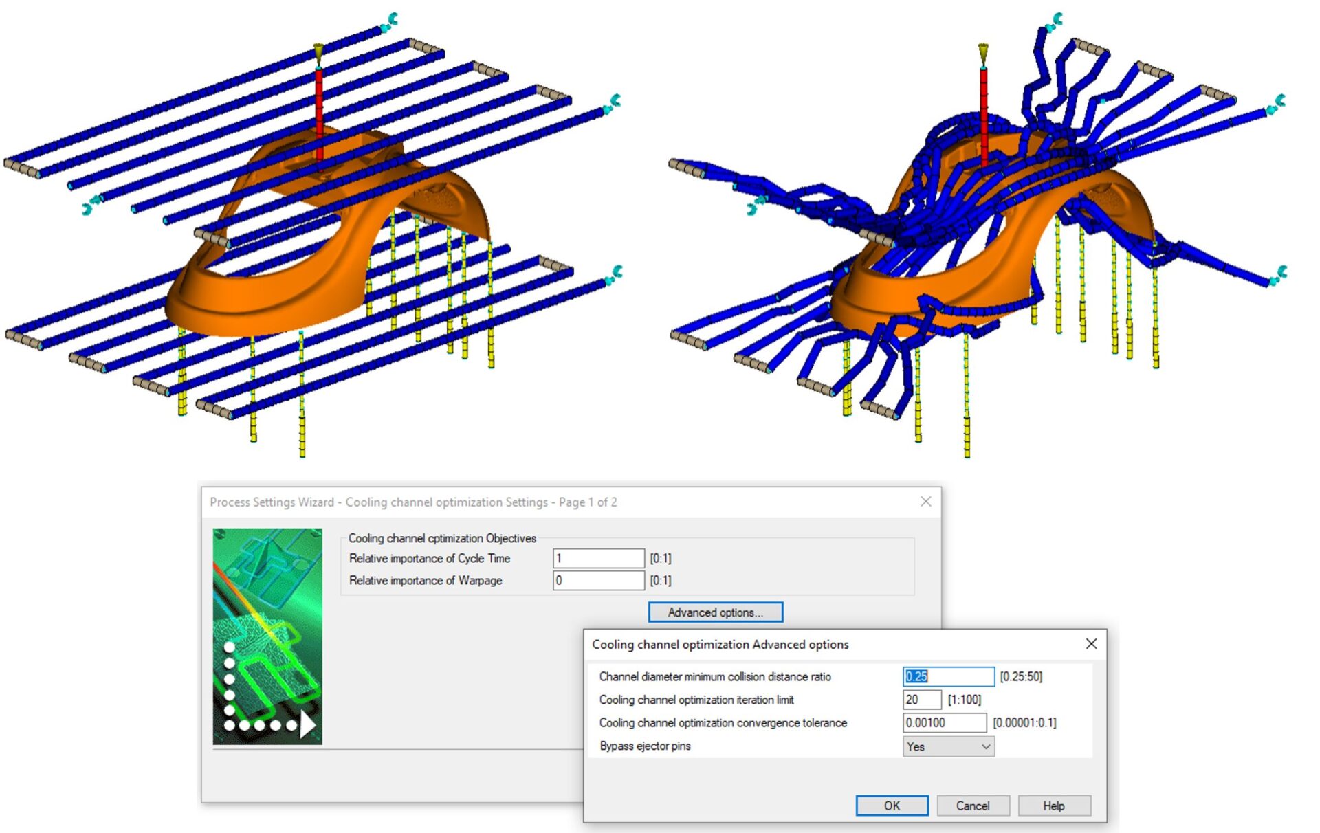 Screenshot showing the Autodesk Moldflow Insight Cooling Channel Optimization analysis.