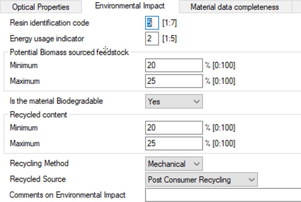 Screenshot of Autodesk Moldflow material database showing material sustainability.